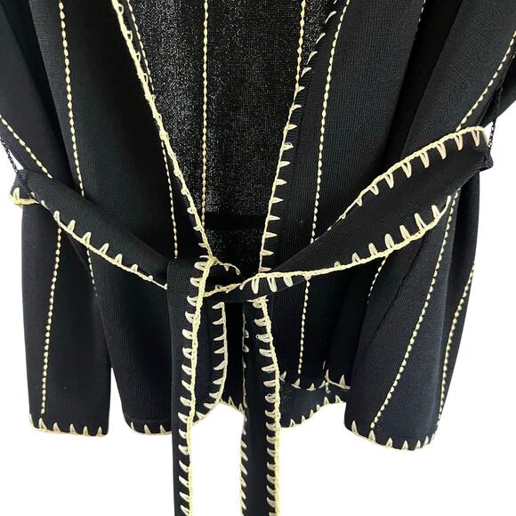 Ming Wang Belted Acrylic Knit Cardigan Jacket Large Black Cream Embroidered L - Picture 3 of 6